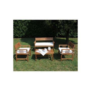 Lounge Set für Garten aus braunem Akazienholz: Tisch, Sofa und Sessel mit weißen Kissen Mod. Bali